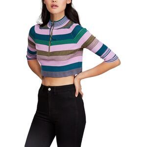 NEW Free People Riptide Crop Top Striped Shirt Teal Combo Womens Small